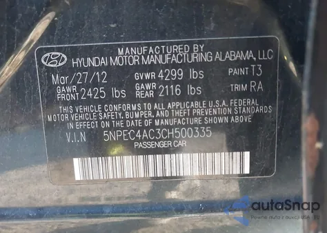 2012 Hyundai Sonata Se z USA, uszkodzony, nr VIN 5NPEC4AC3CH500335